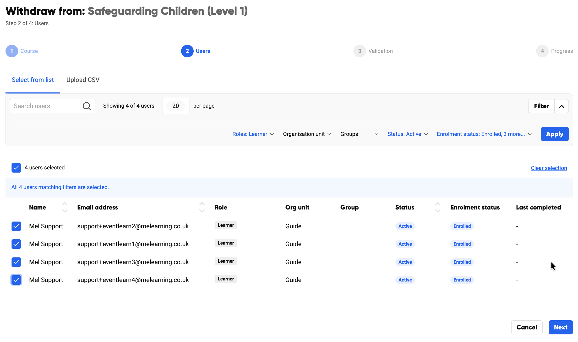 The learner selection list with checkboxes and filters