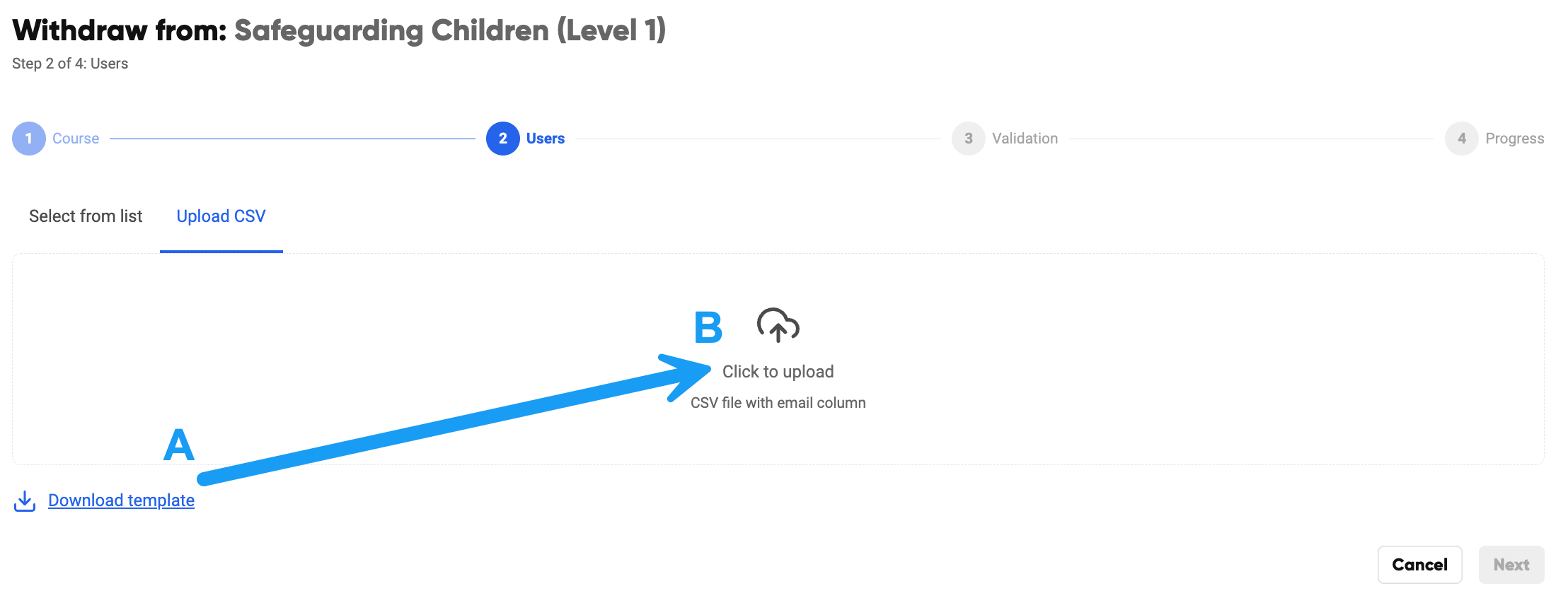 The CSV upload screen with download template and upload buttons