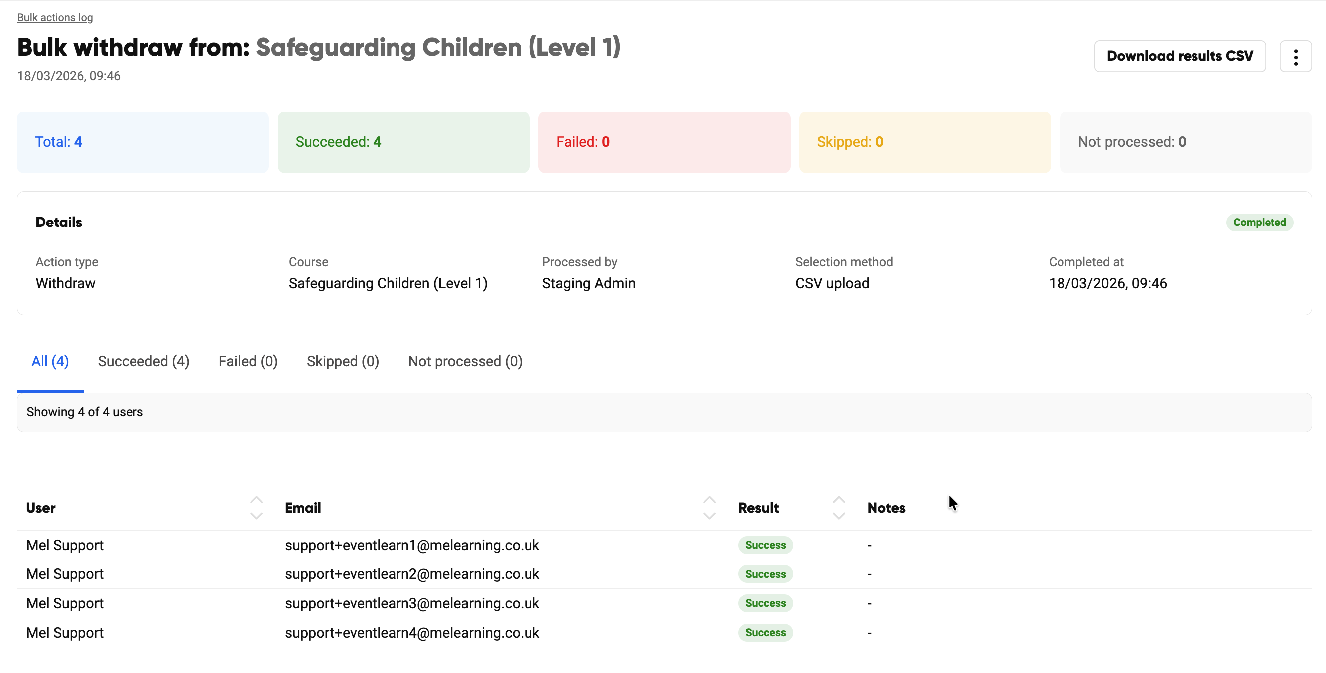 The withdrawal summary screen with download results option