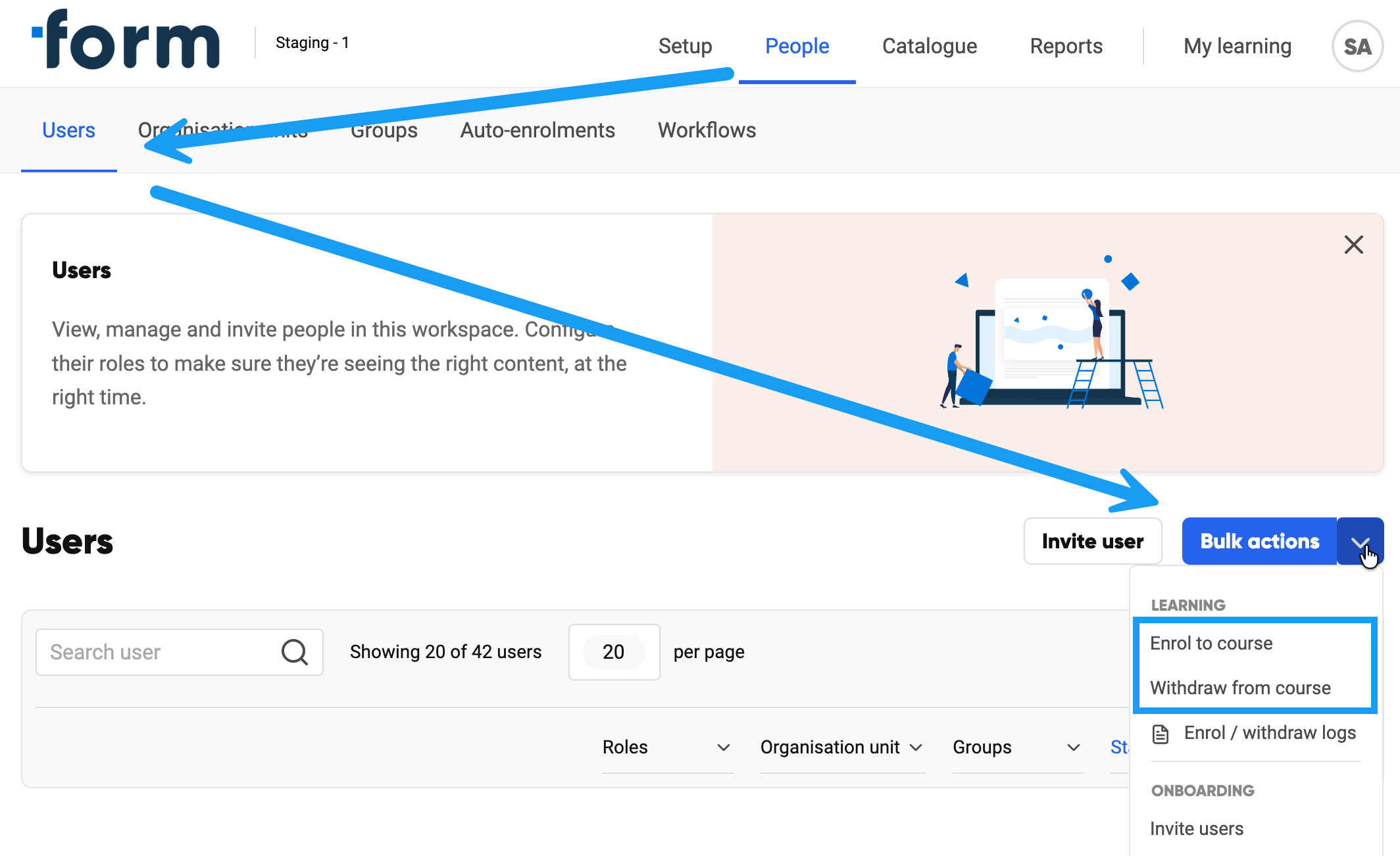 The Users page in Form LMS showing the Bulk actions button at the top right
