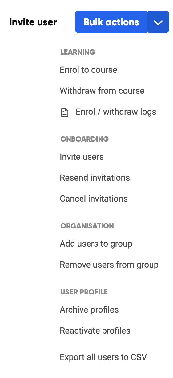 The Bulk actions dropdown menu showing all available actions grouped by category