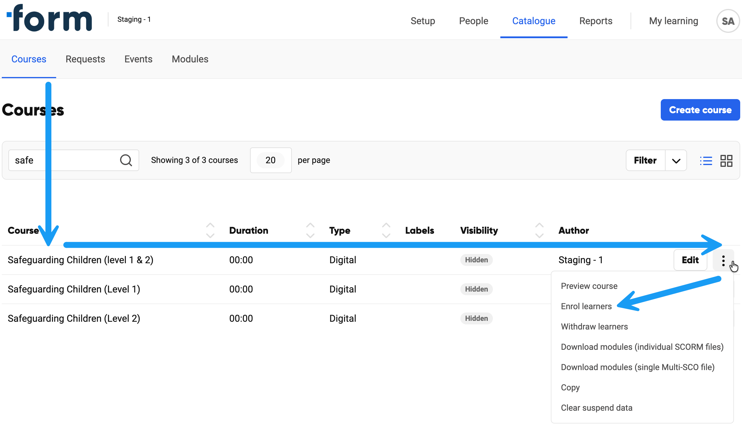 The course action menu showing the Enrol learners option