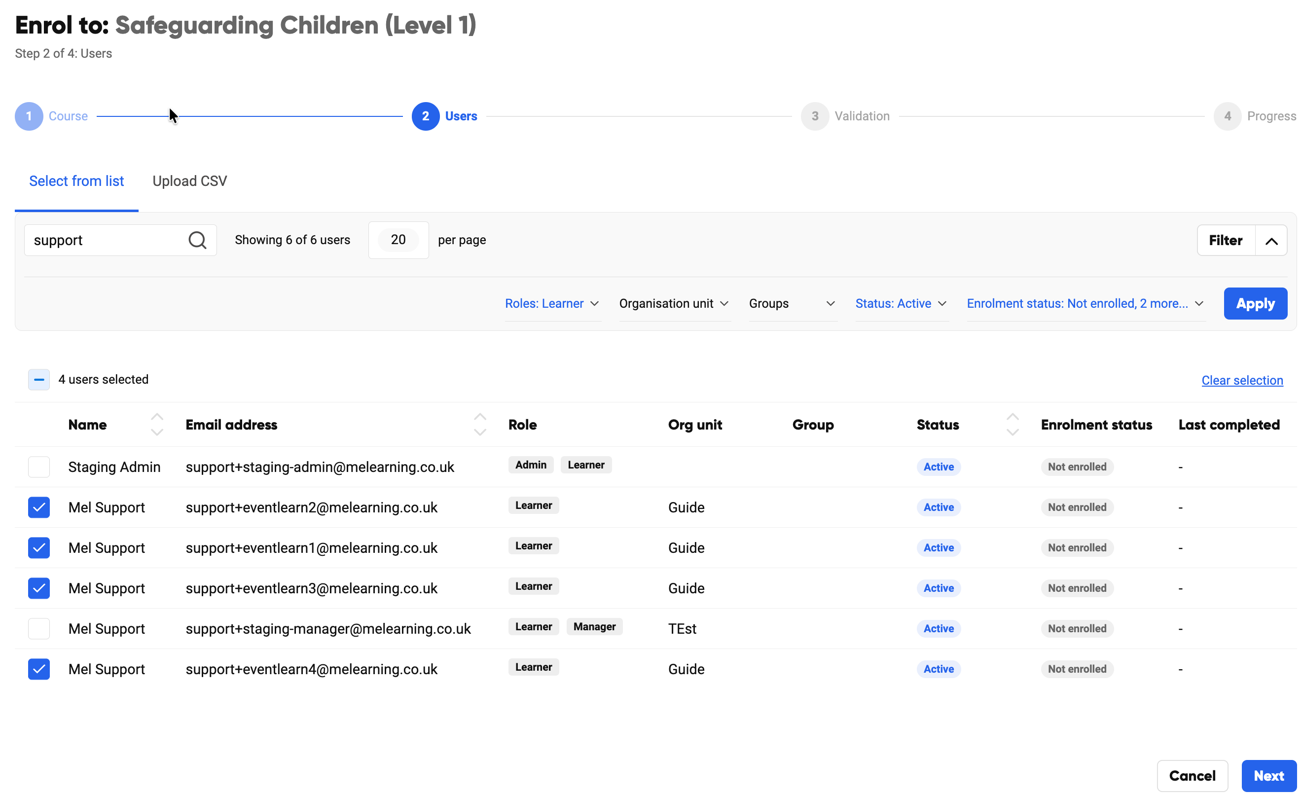 The learner selection list with checkboxes and filters