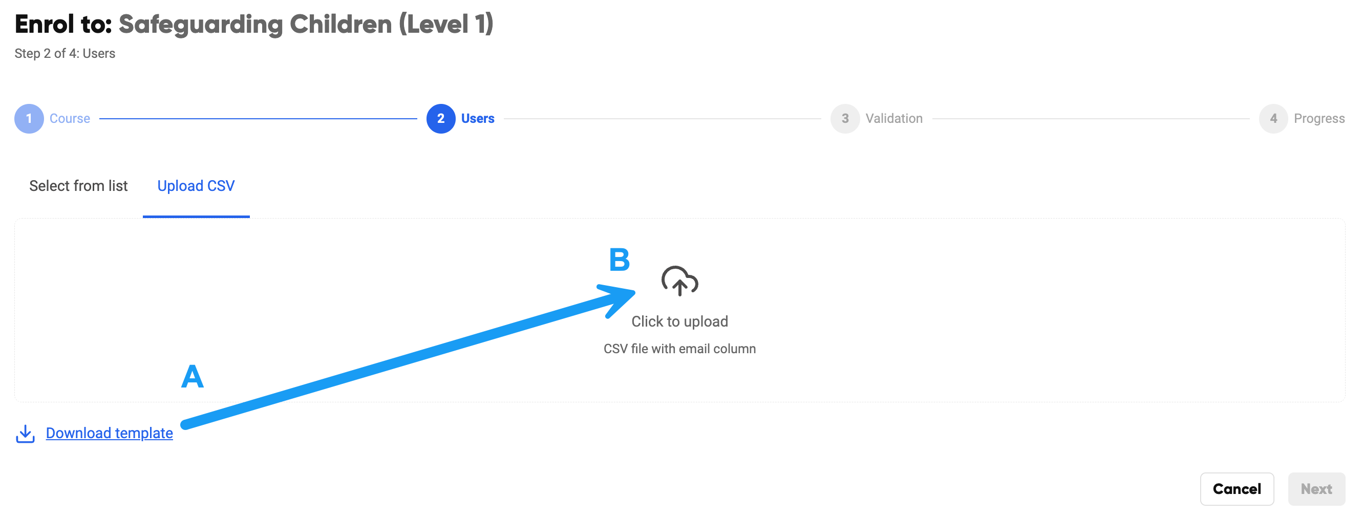 The CSV upload screen with download template and upload buttons