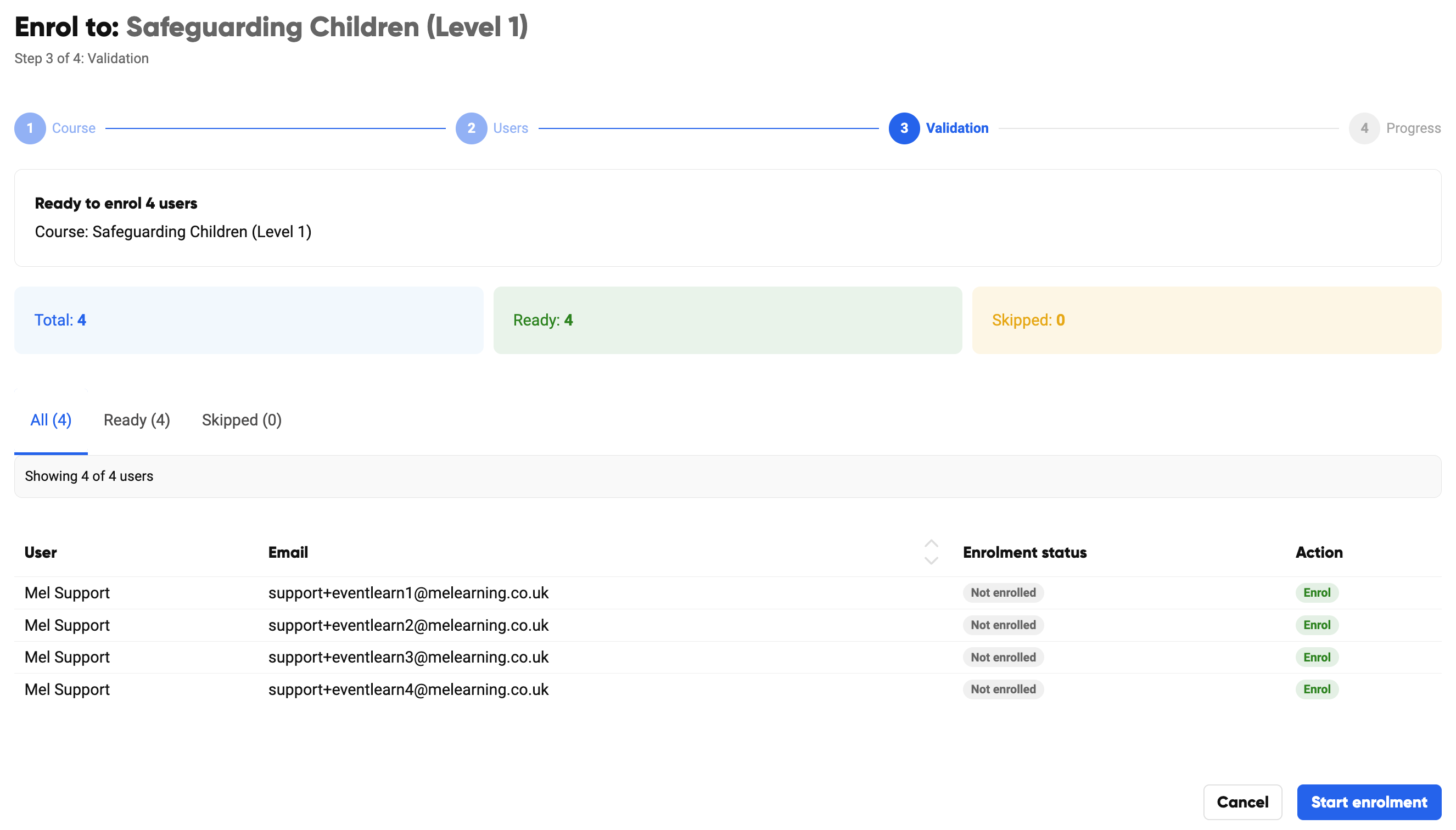 The validation screen showing ready and skipped learners