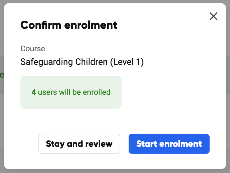 The confirmation popup showing the number of learners to enrol