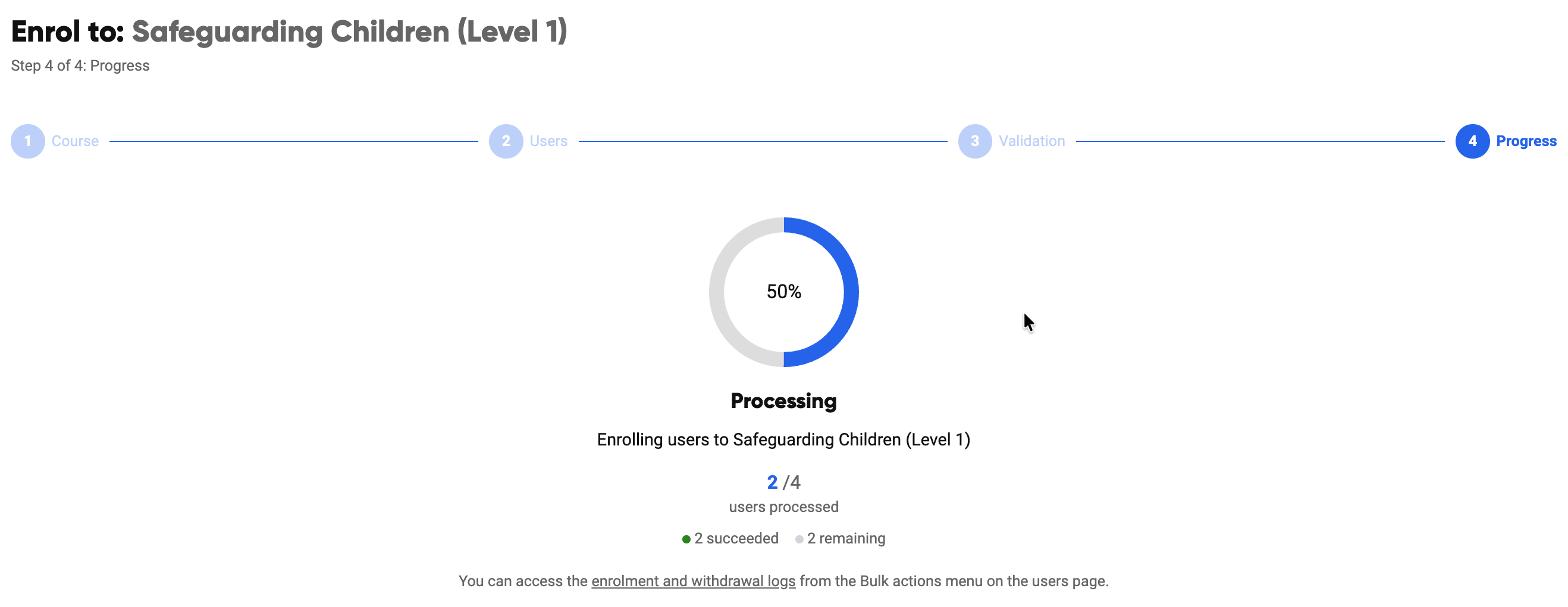 The enrolment progress screen showing processing status
