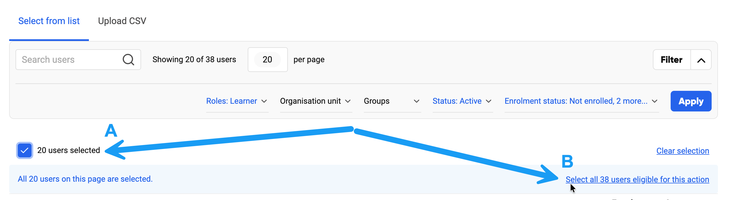The Select all checkbox and the option to select all eligible users