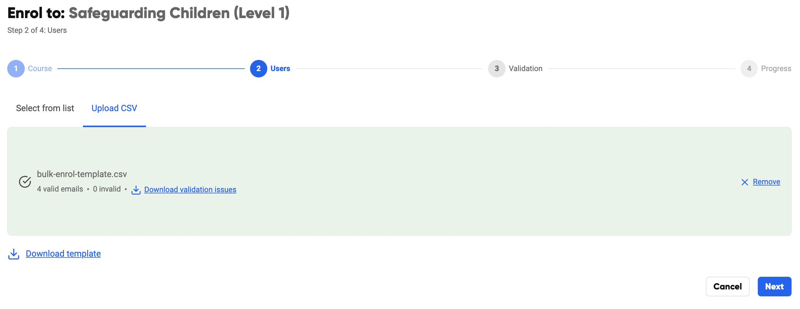 The CSV upload confirmation screen