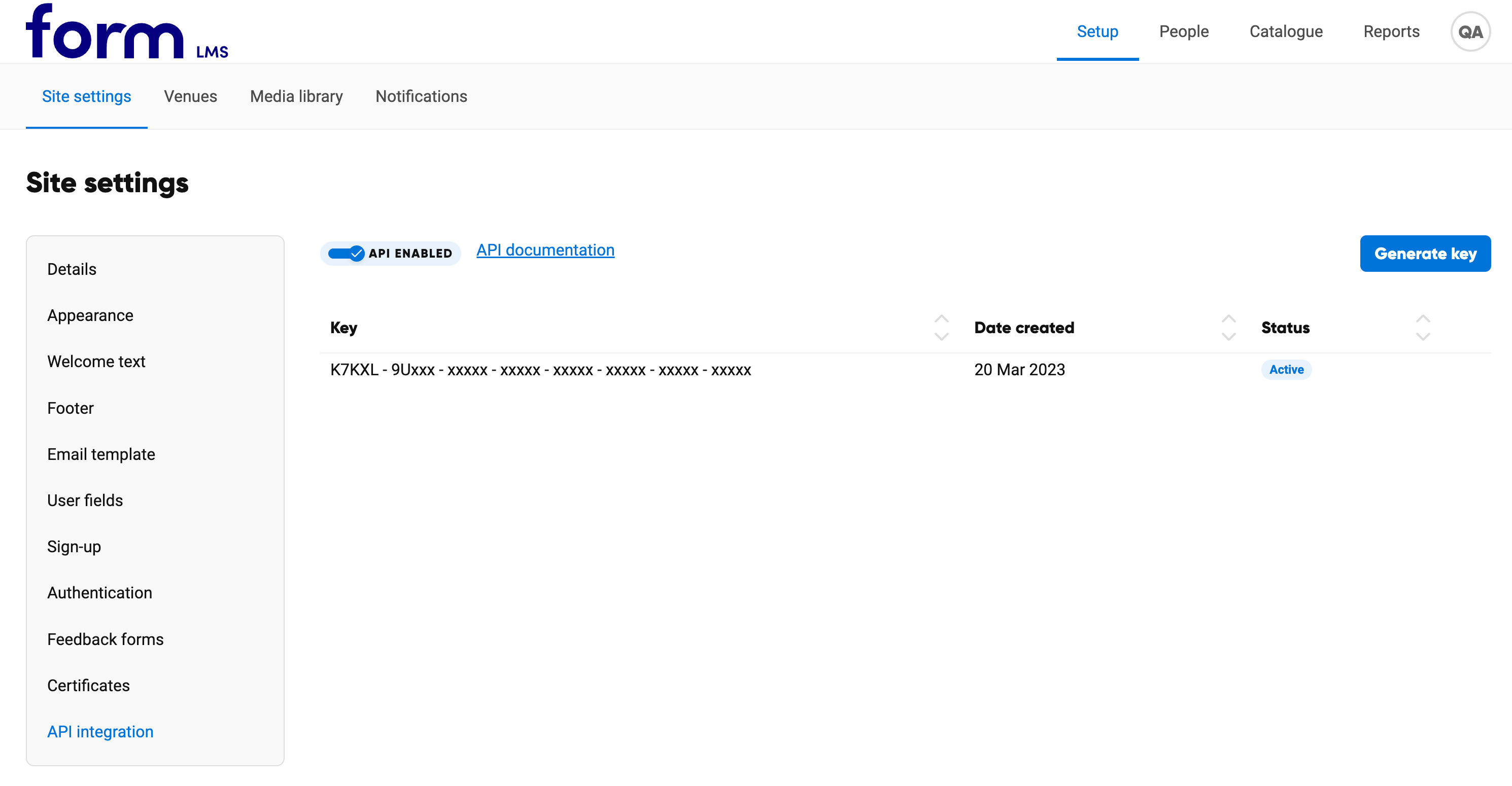 API integration tab in Site settings, showing the API toggle switched on, an active key and the Generate key button
